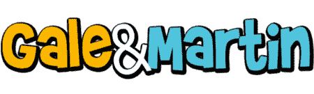 Large Gale and Martin Casino logo in powder blue and orange block lettering