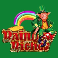 Rainbow riches slot with leprechaun sitting on pot of gold