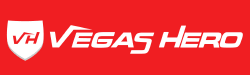 Vegas Hero Casino shield in red and white with text beside